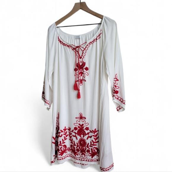 C|C Chic Connection Embroidered Boho Dress or Swim Cover-Up White Red - Picture 4 of 9